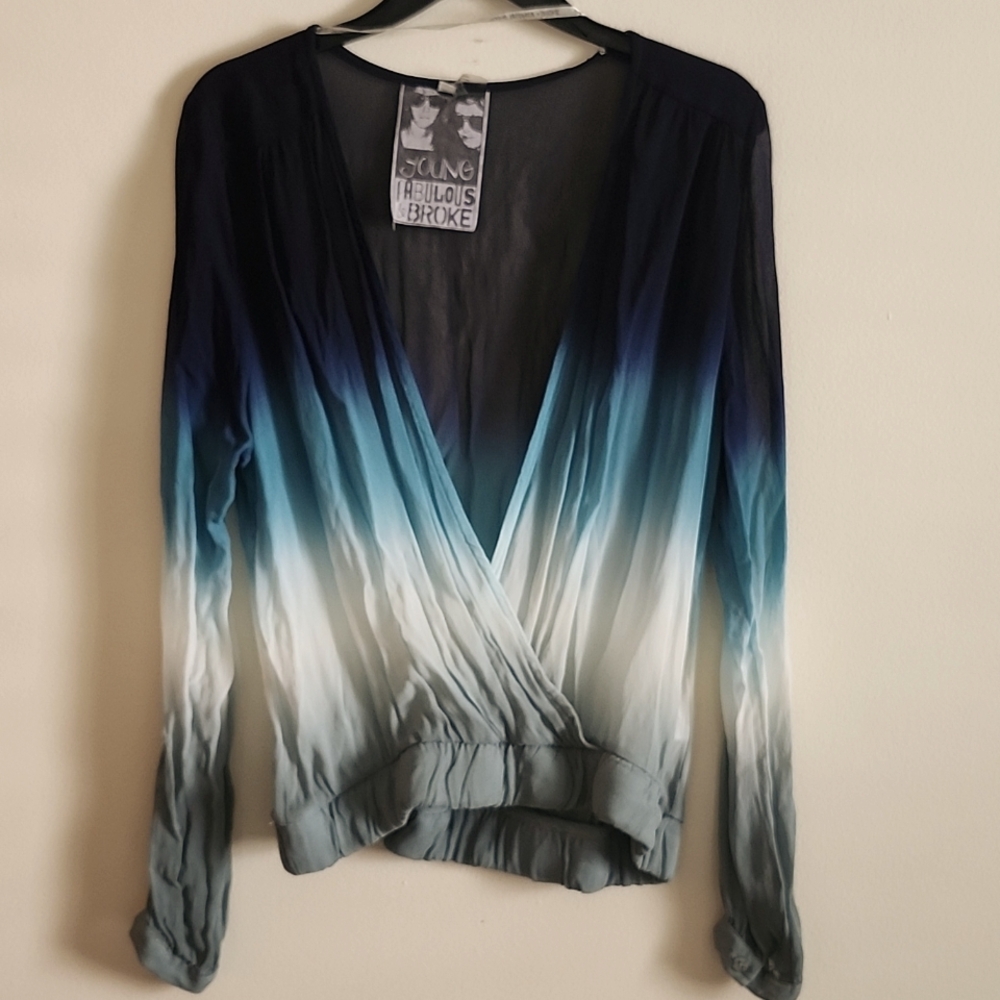 Young Fabulous & Broke Gradient Ombre Semi Sheer Blue Faux Wrap Blouse women Med